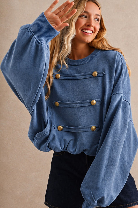 Vintage Wash Gold Button Balloon Sleeve Sweatshirt 11/27 2 colors