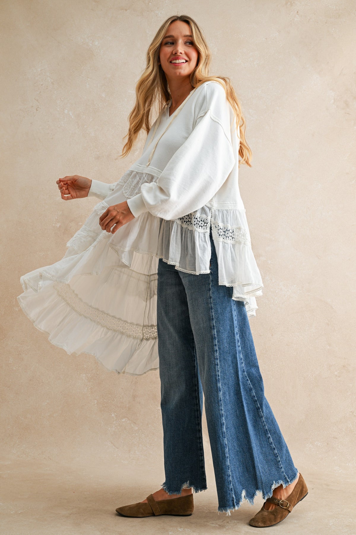 Boho Lace Ruffle Hooded Tunic Top 12/13