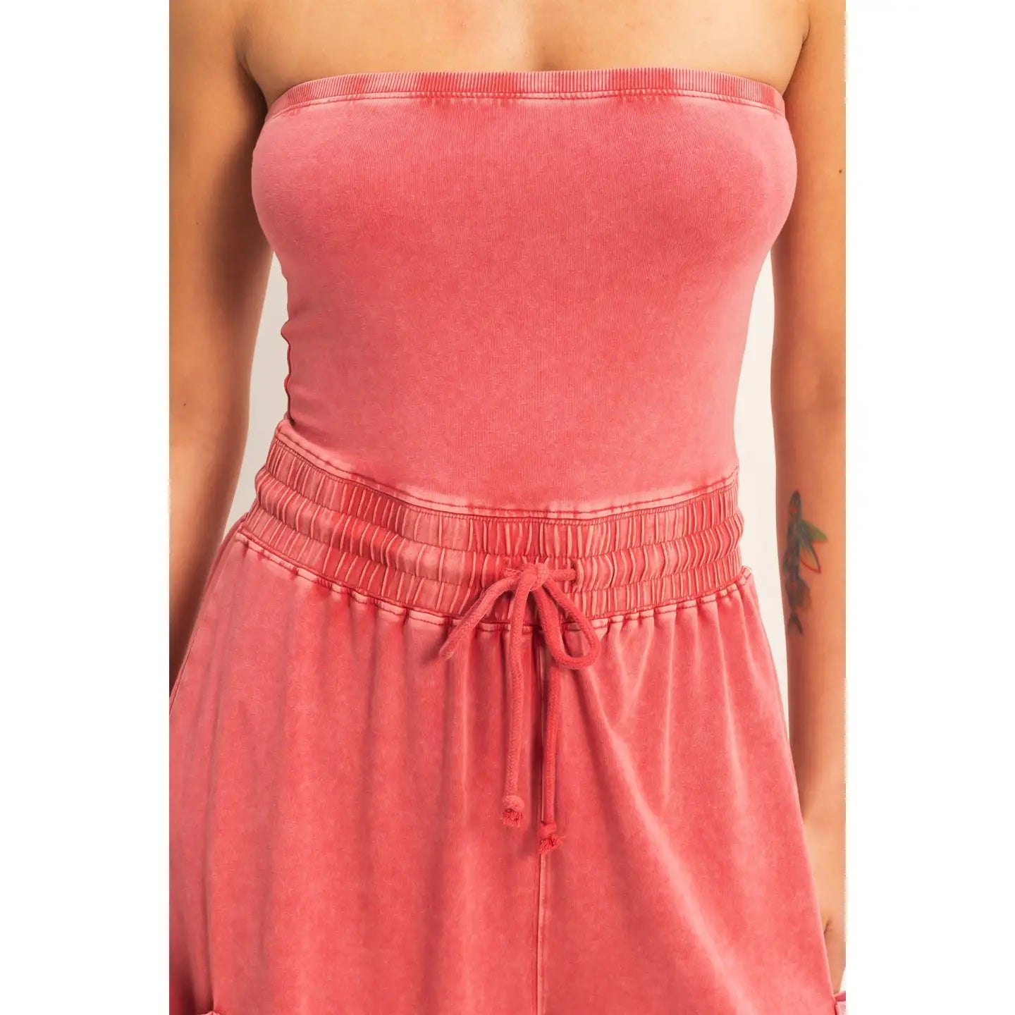 Mineral Wash Strapless Wide-Leg Jumpsuit Red