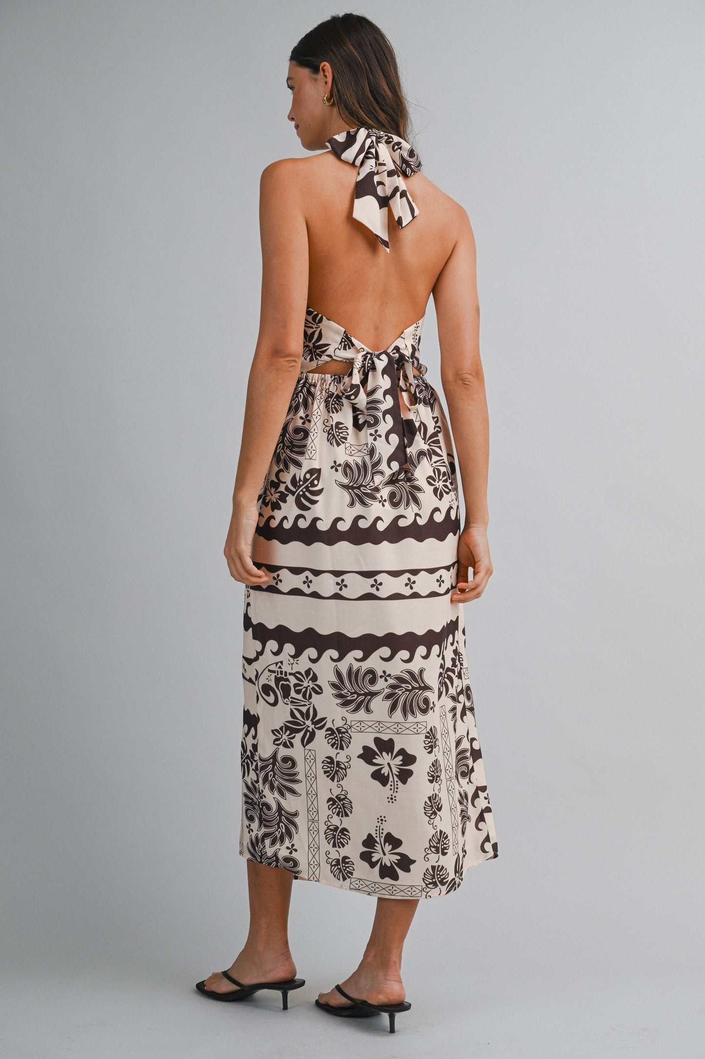 Border Print Halter Twist Neck Wrap Style Midi Dress PREORDER 5/7
