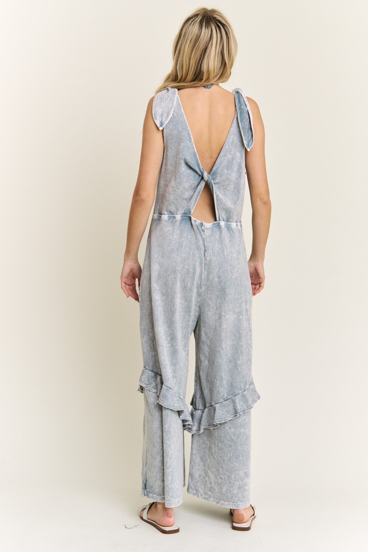 Mineral Wash Jumpsuit with Eyelet Pockets and Ruffles