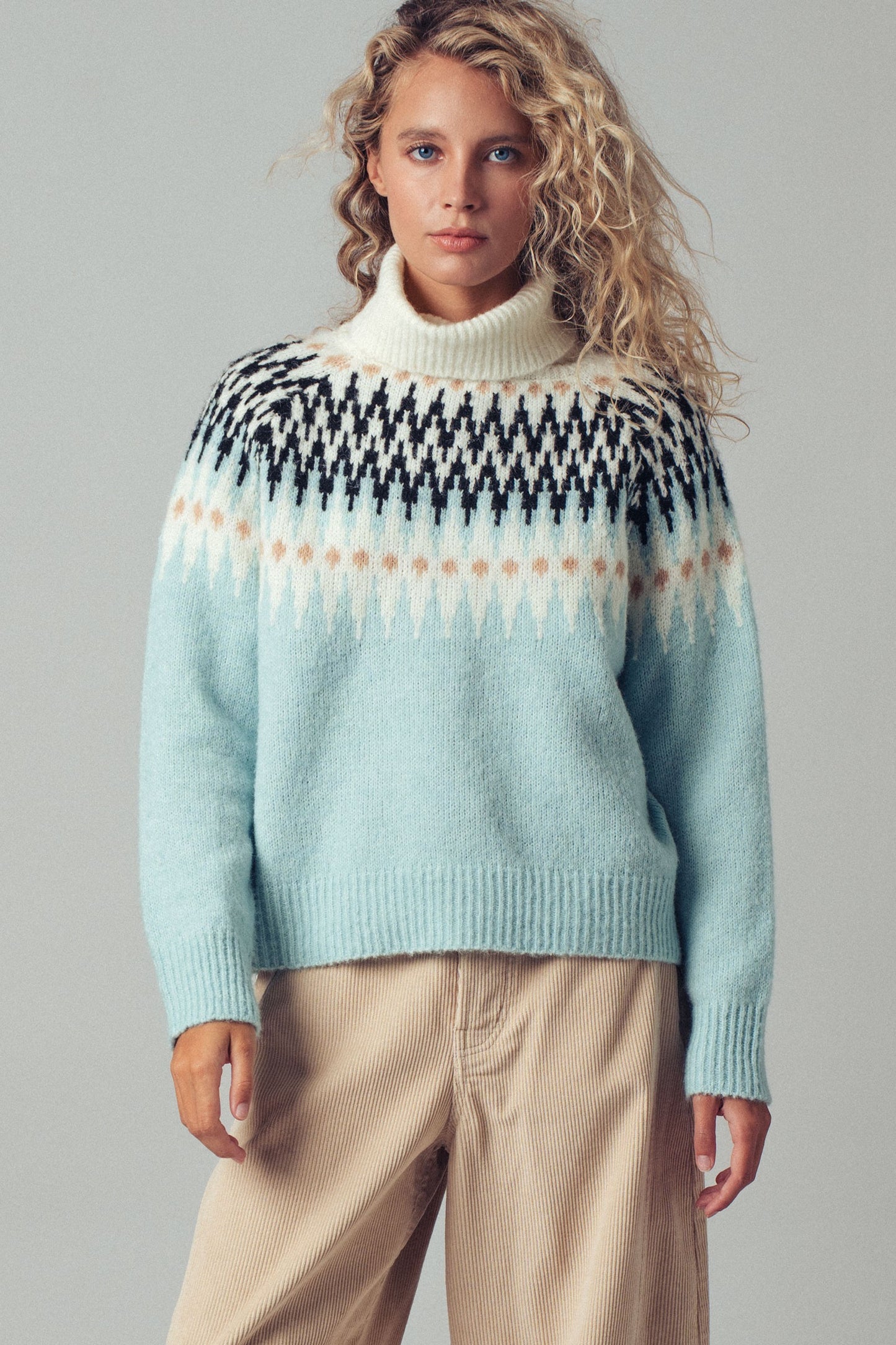 Wool Blend Fair Isle Pattern Turtleneck Sweater