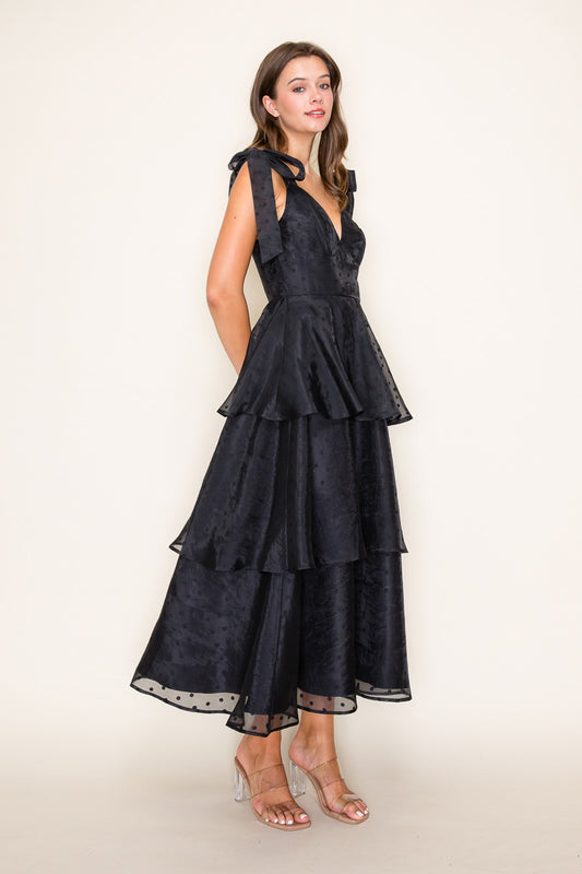 Tie Strap Tiered Black Ruffled Dress