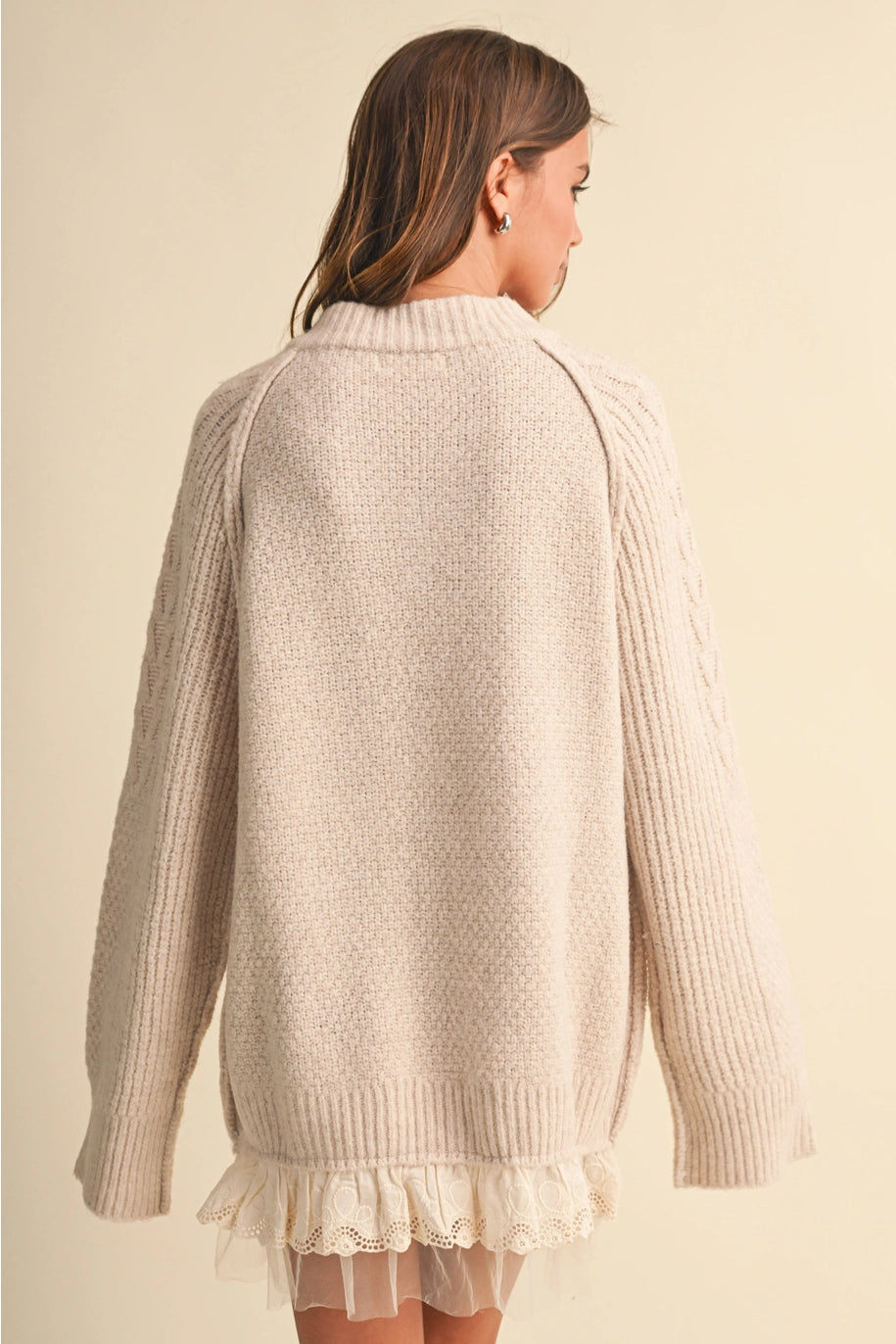 Cable Knit Sweater Dress With Lace Trim