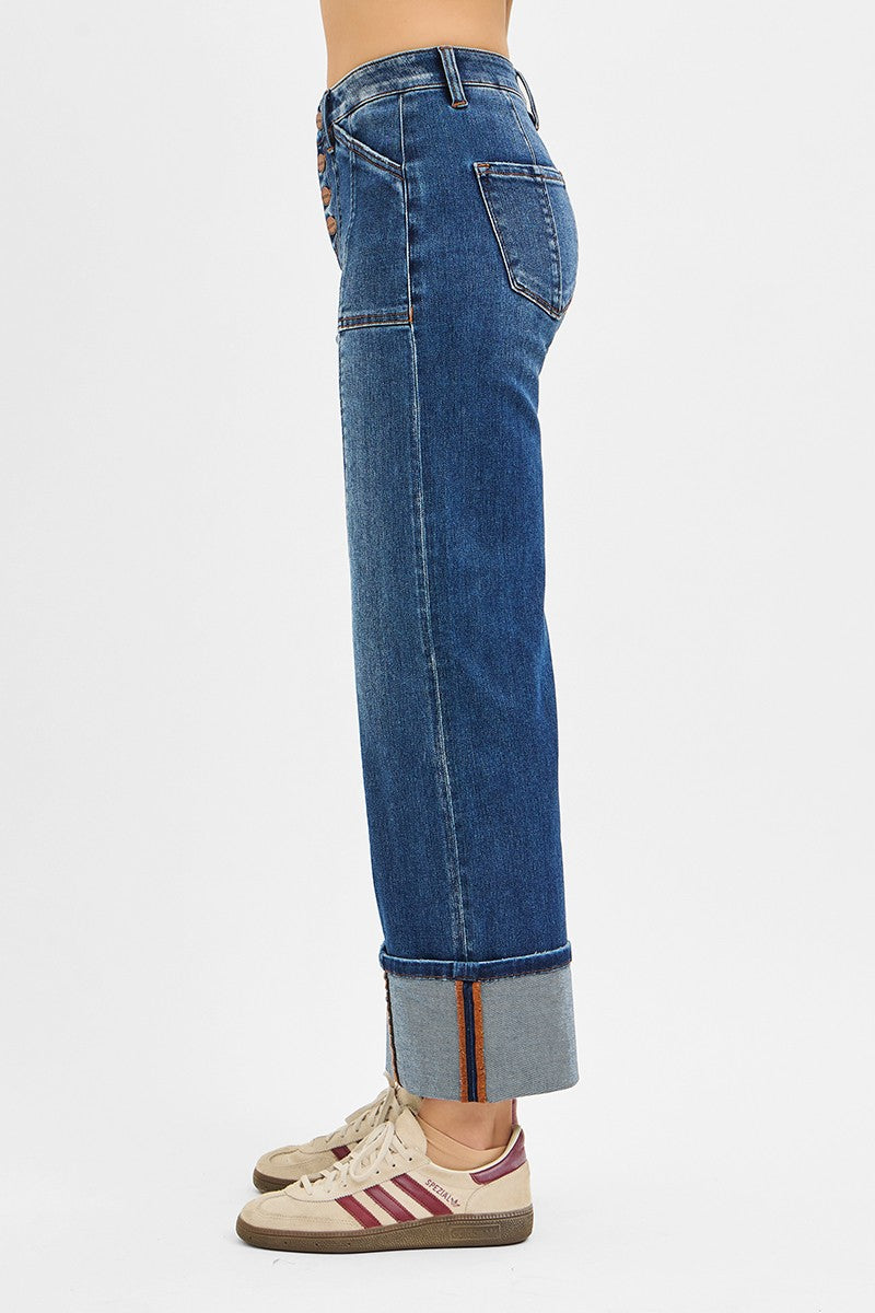 High Rise Crop Wide Straight Cuffed Jeans