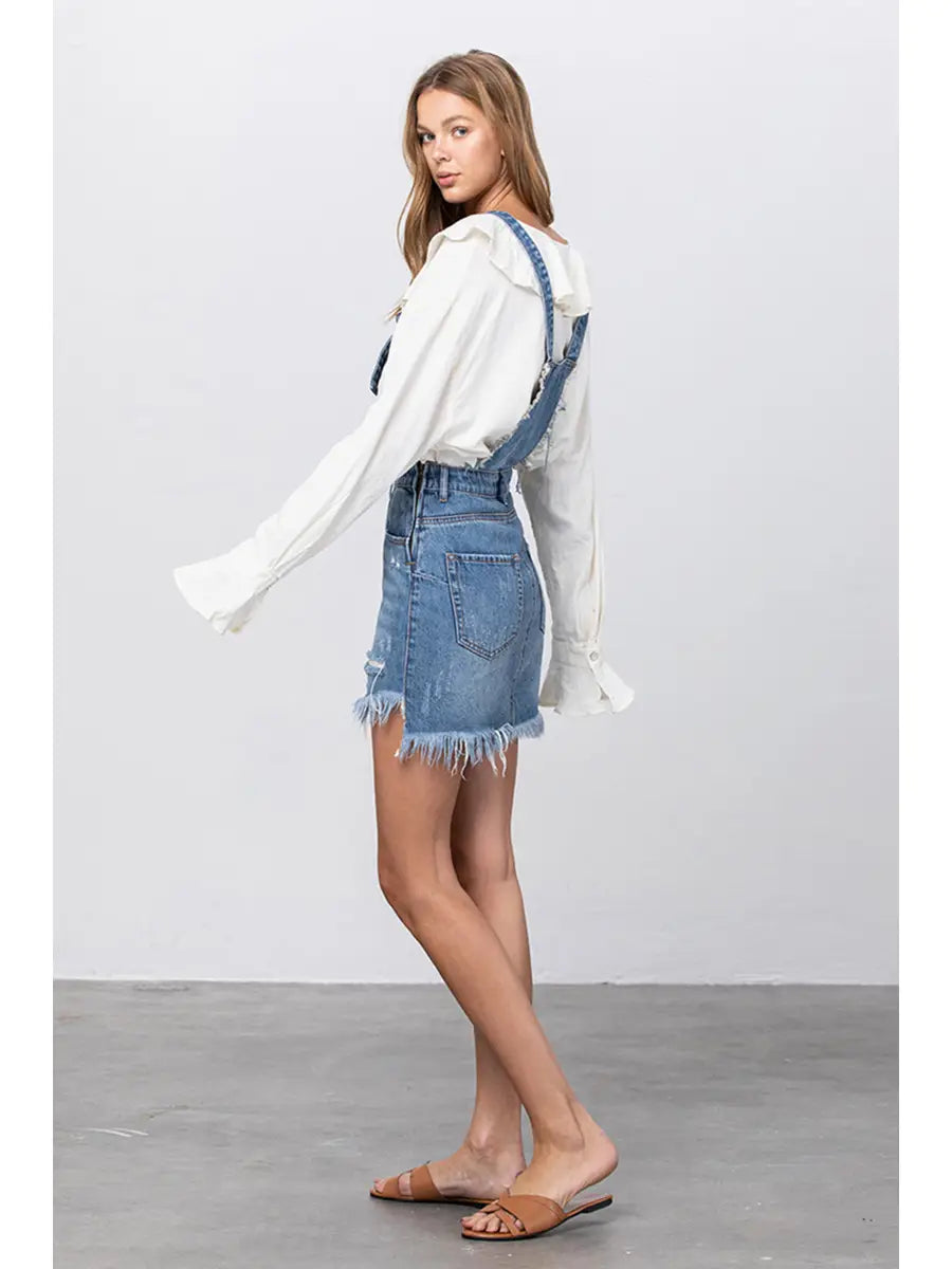 Frayed Hem Distressed Overall Denim Skirt