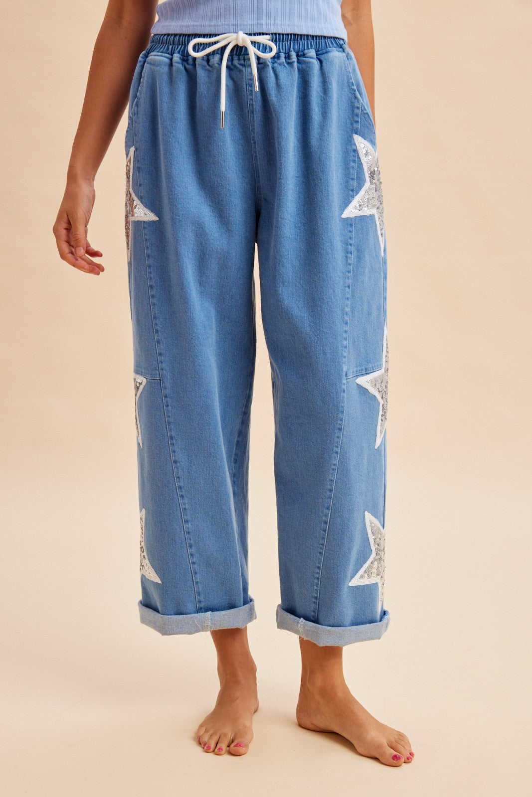 Sequin Star Patch Barrel Leg Pants