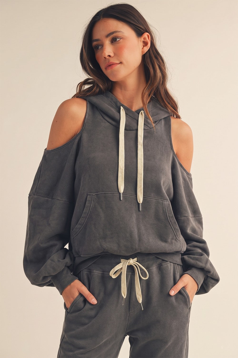 Washed Oversized Drawstring Hood Shoulder And Back Cut-out