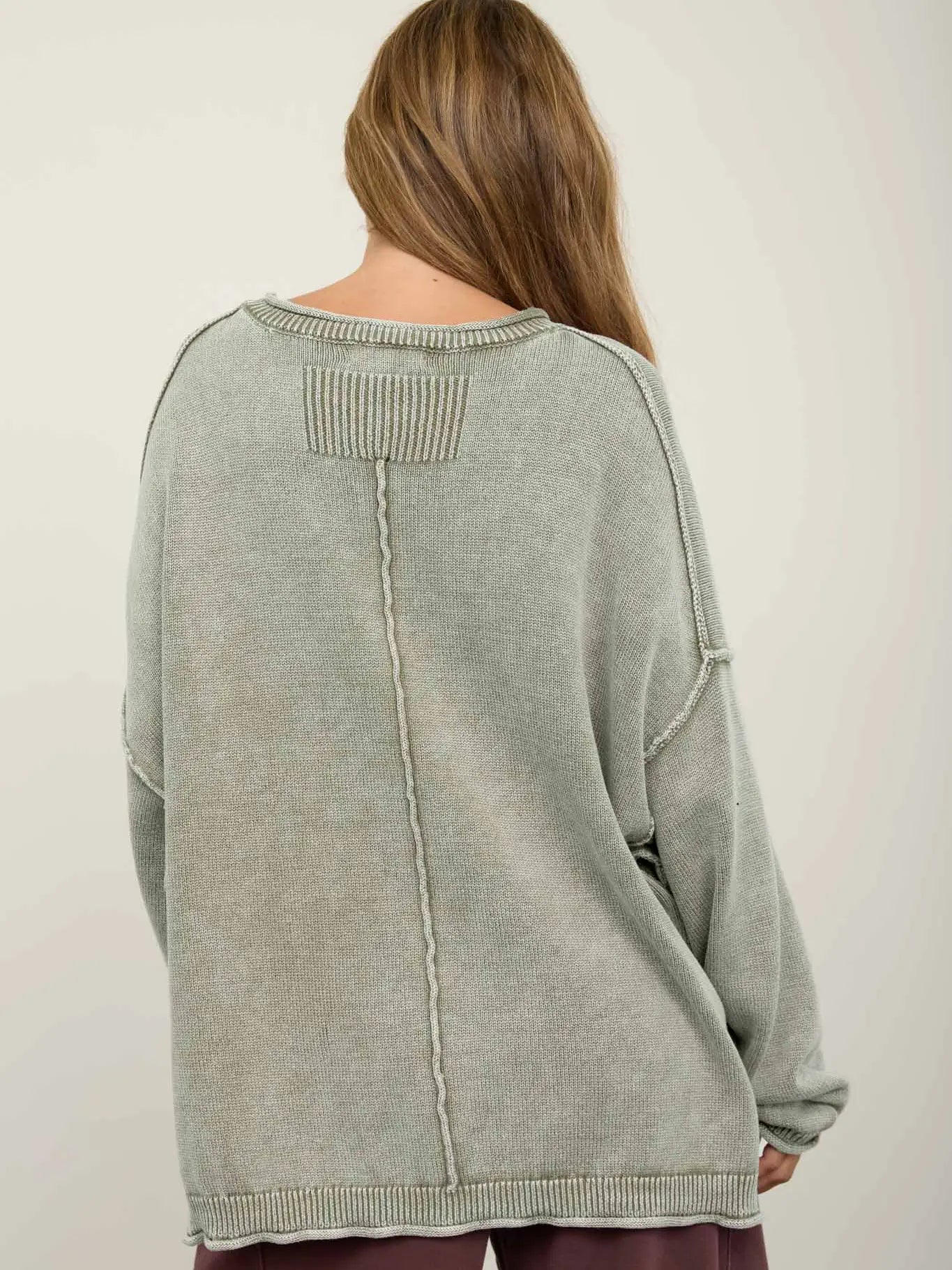 Washed Raw Edge Crew Neck Drop Sleeve Sweater