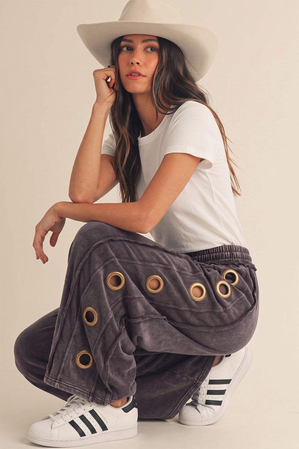 Mineral Wash Indigo Eyelet Wide Leg Pants