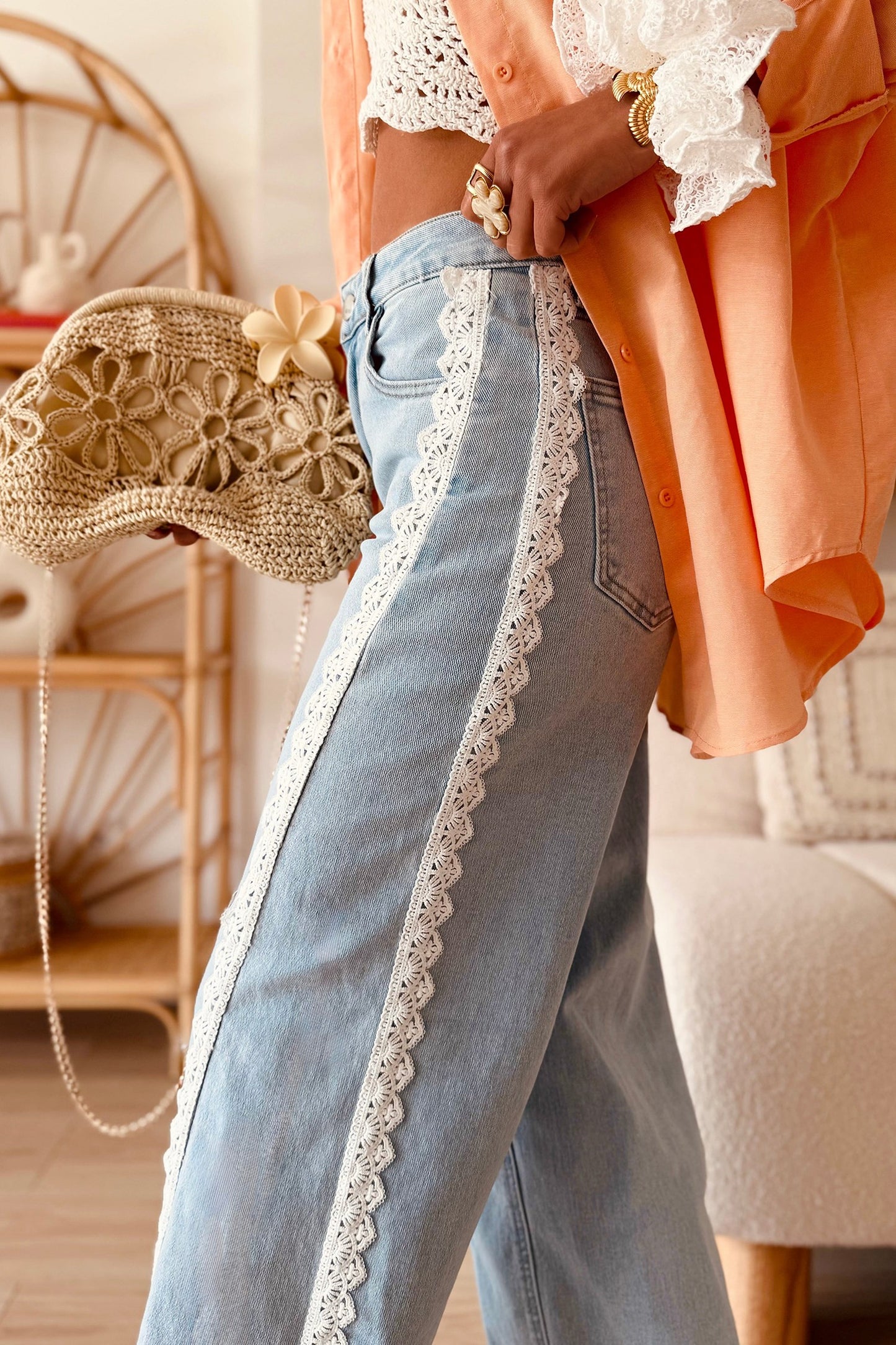 Lace Trimmed Light Wash Jeans PREORDER