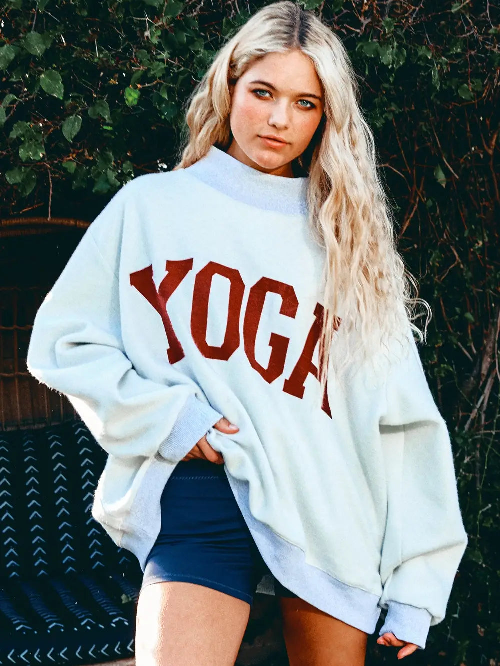 'pilates & Yoga' Print Reversible Mockneck Sweatshirt