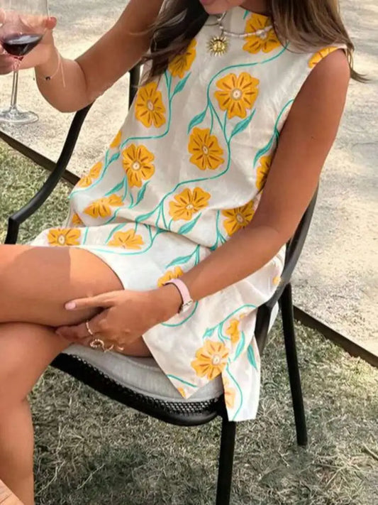 Yellow Floral linen shift Dress
