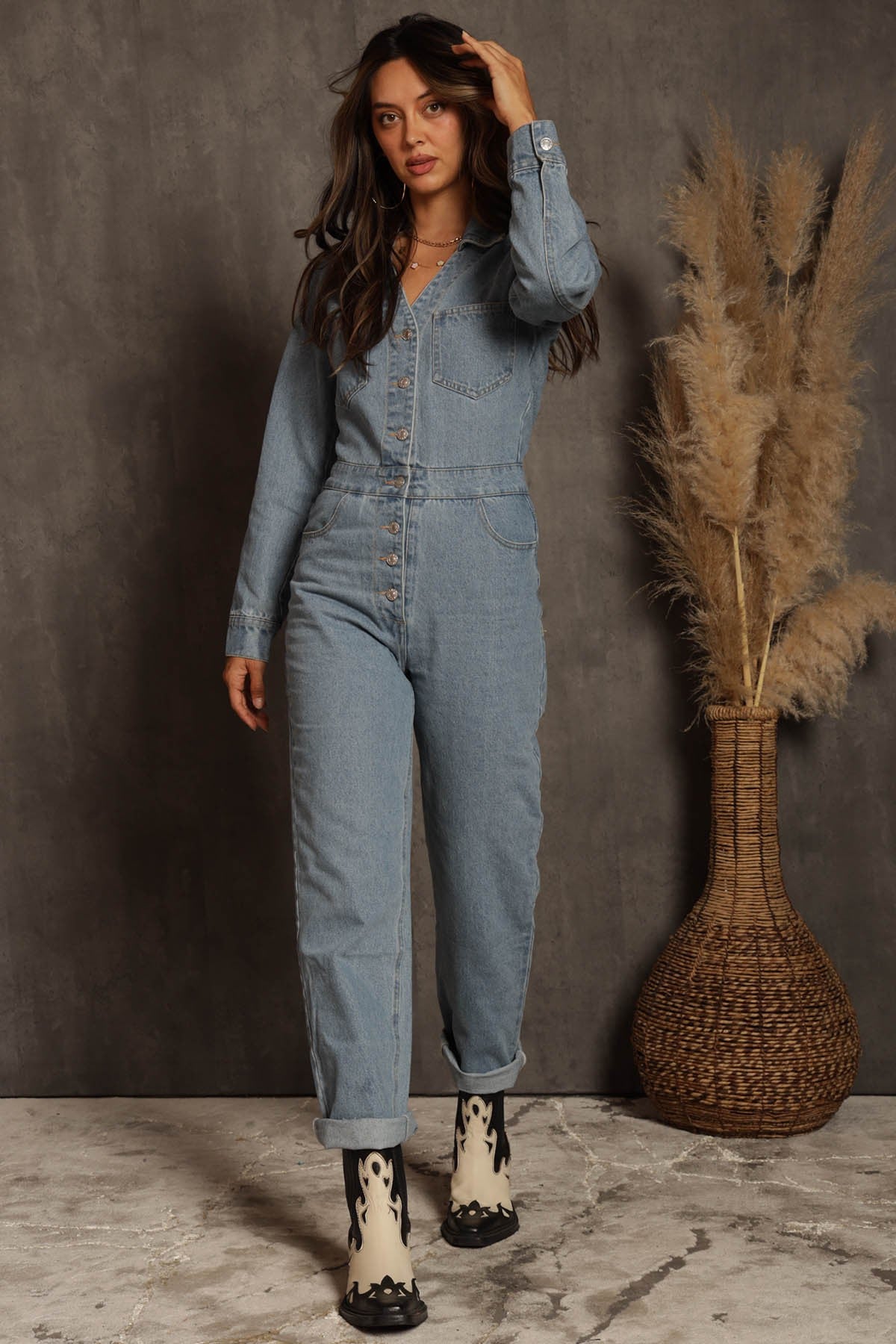 Denim Long Sleeve Jumpsuit