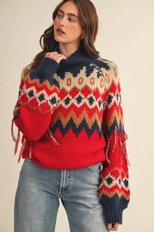 Mock Neck Faire Isle Fringe Sweater