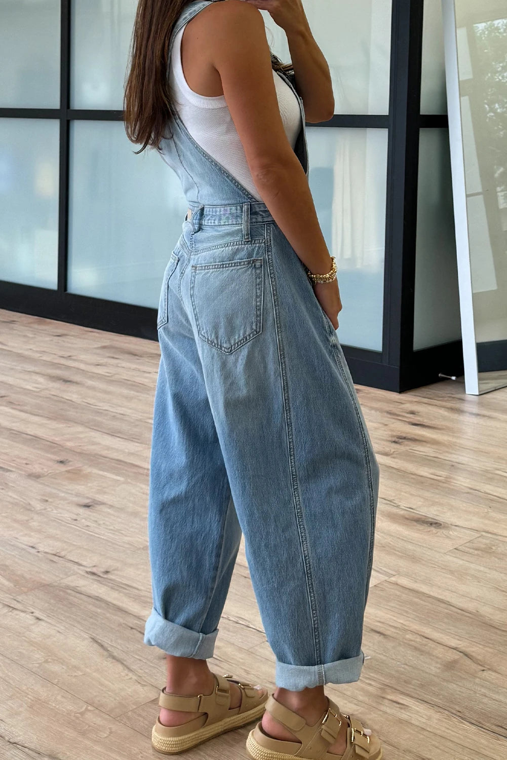 Dusk Blue Adjustable Buckle Straps Straight Leg Denim Overalls