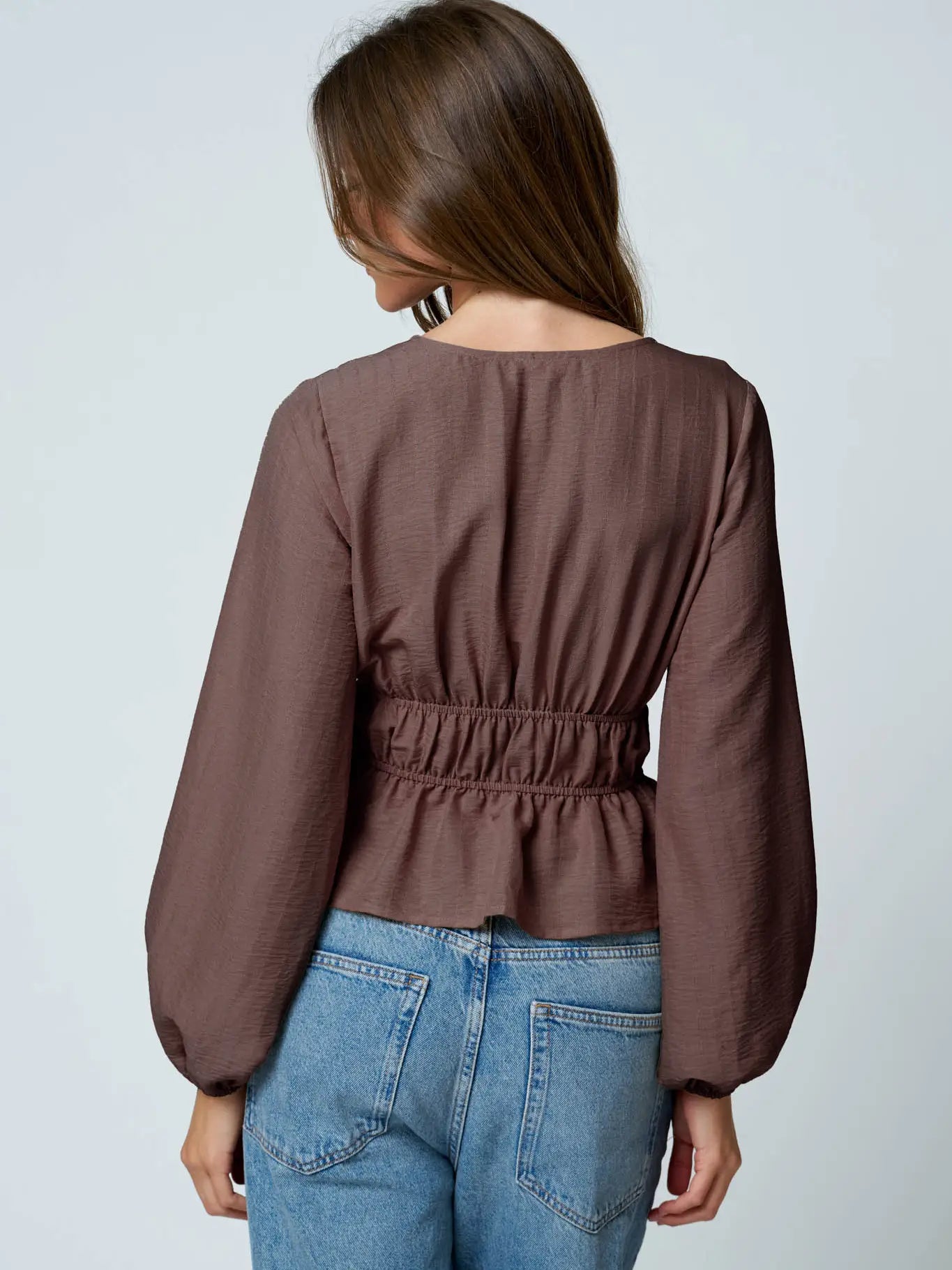 Ladder Lace Trim V Neck Long Sleeve Ruffle Hem Top