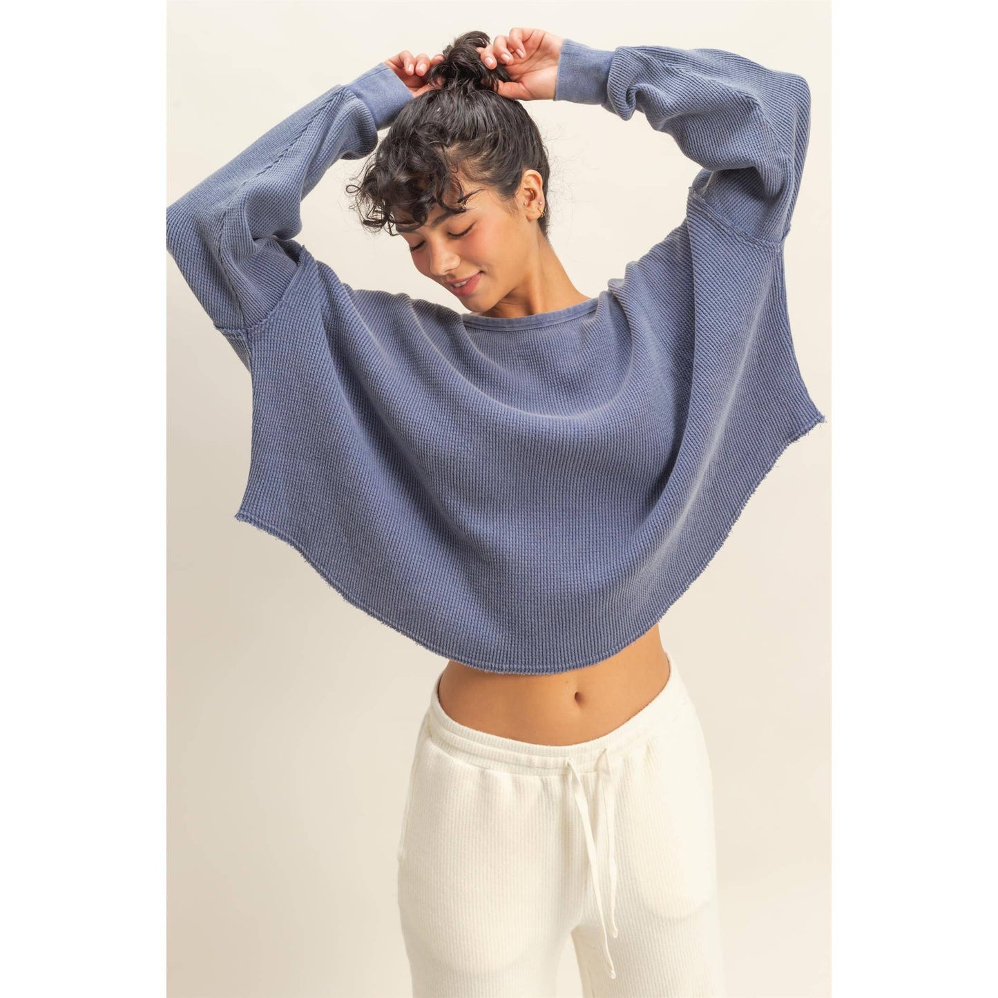 Mineral Wash Dropped Shoulder Waffle Knit Top