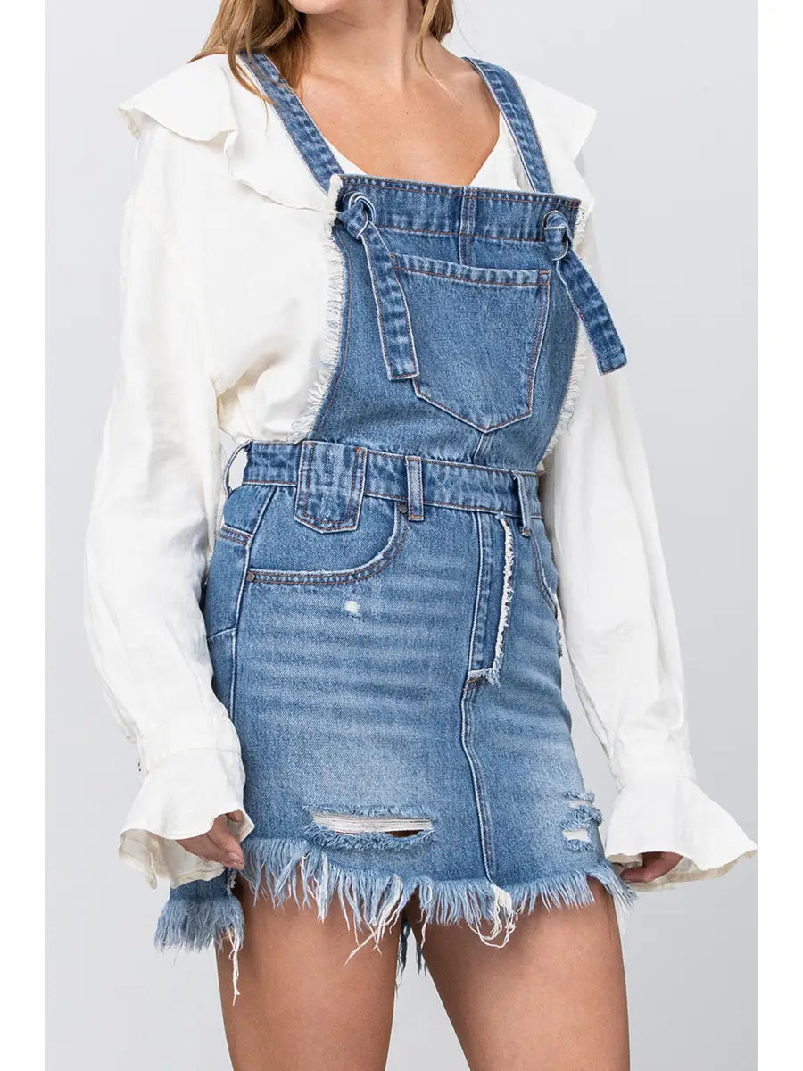 Frayed Hem Distressed Overall Denim Skirt