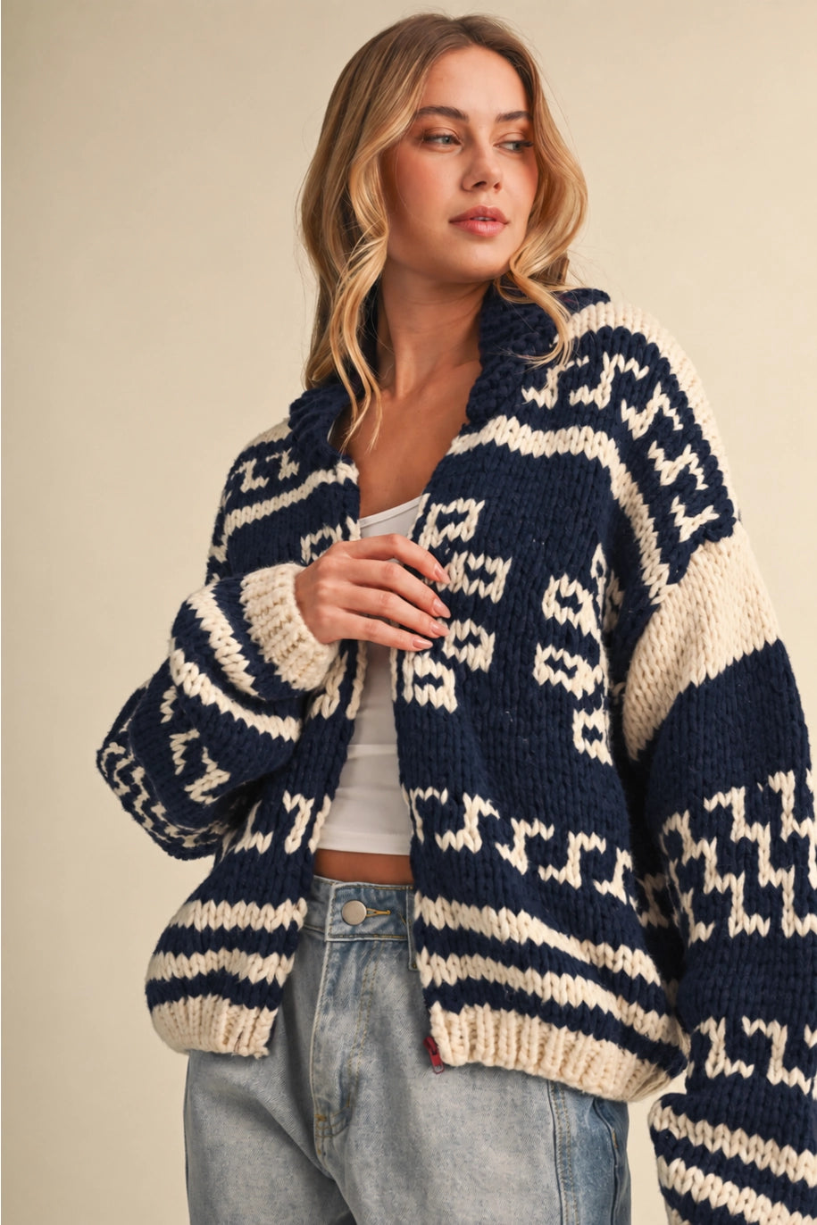 Pattern Chunky Zip Up Knit Jacket