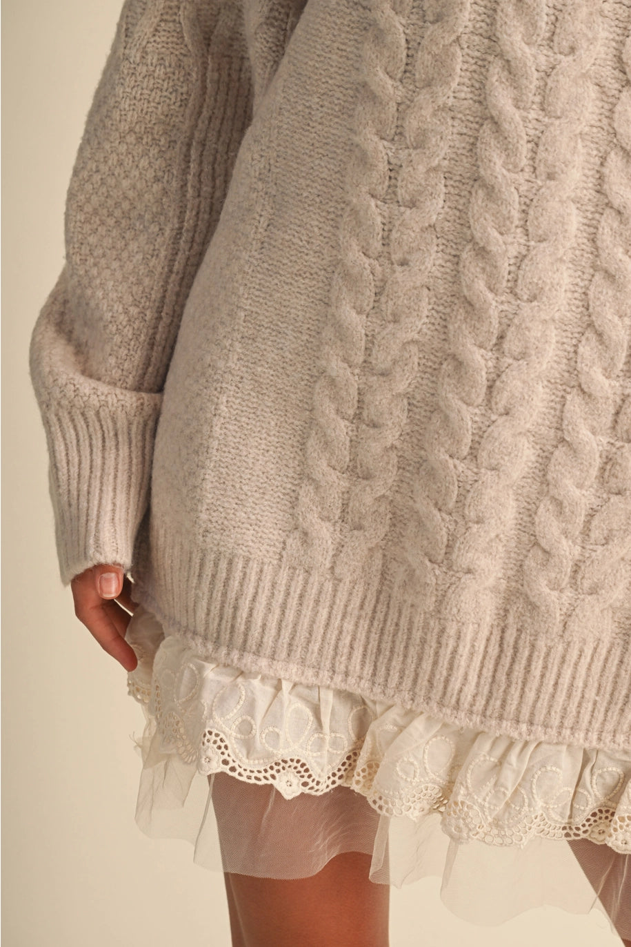 Cable Knit Sweater Dress With Lace Trim