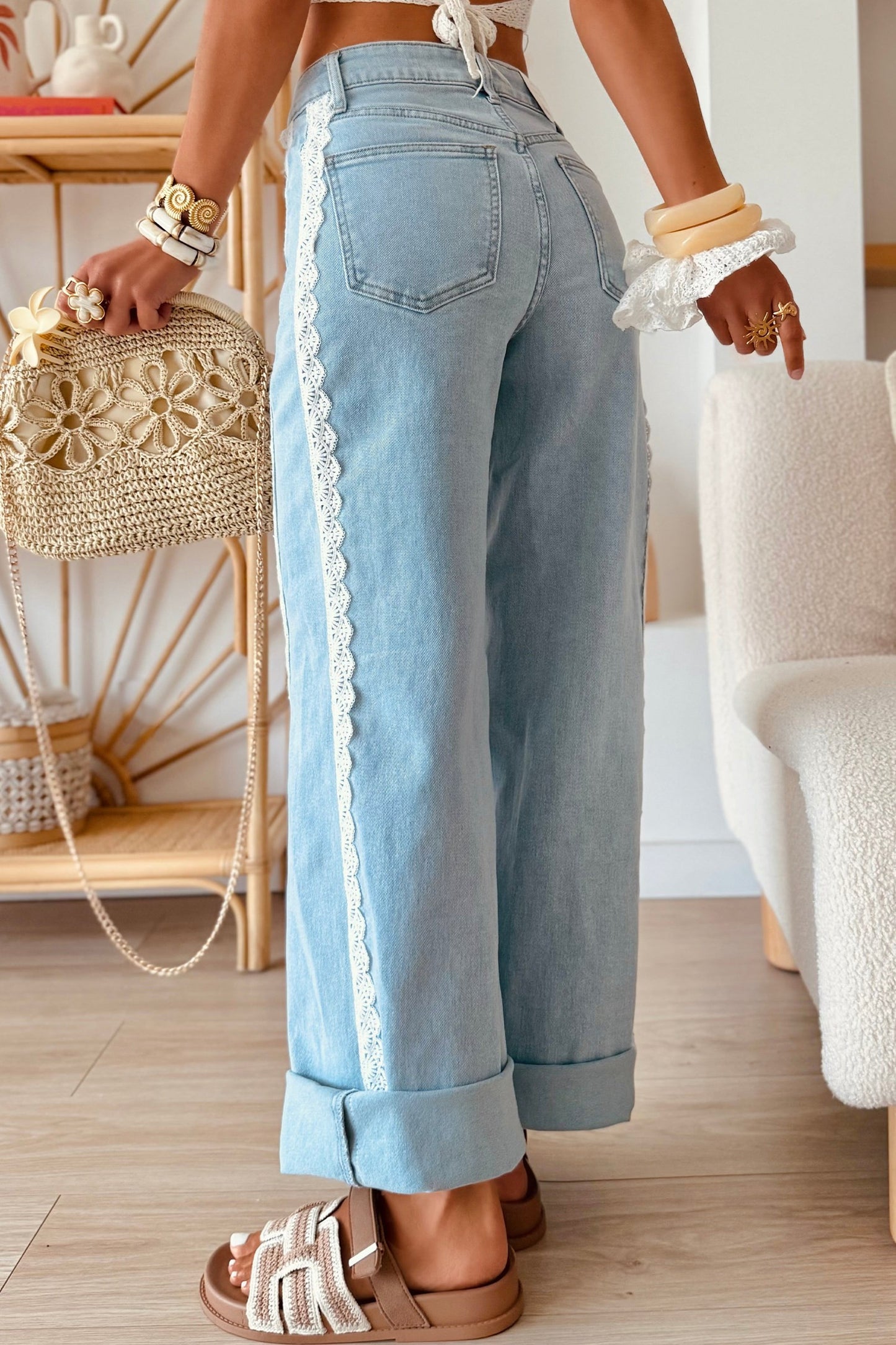 Lace Trimmed Light Wash Jeans PREORDER