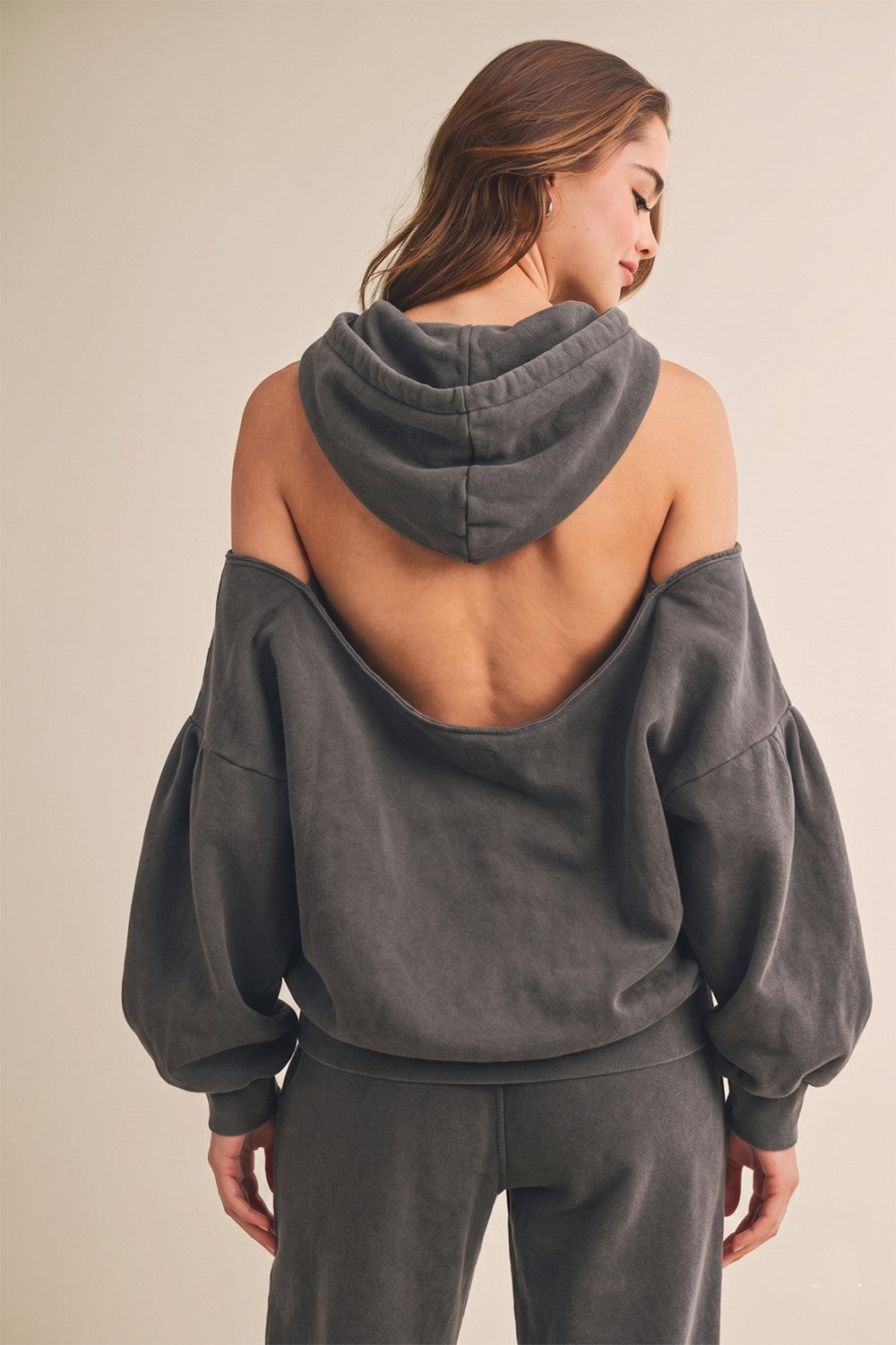 Washed Oversized Drawstring Hood Shoulder And Back Cut-out