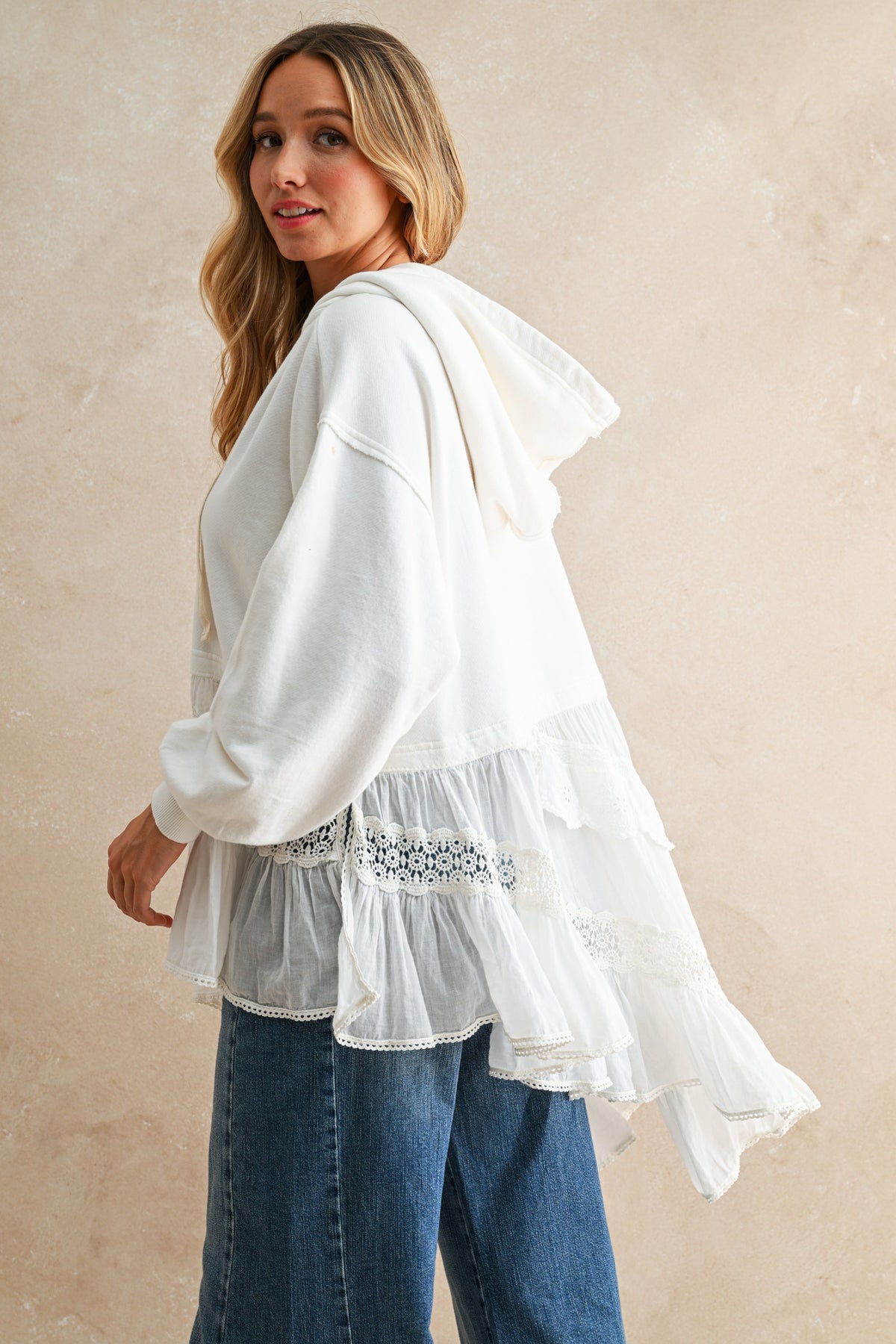 Boho Lace Ruffle Hooded Tunic Top 12/13