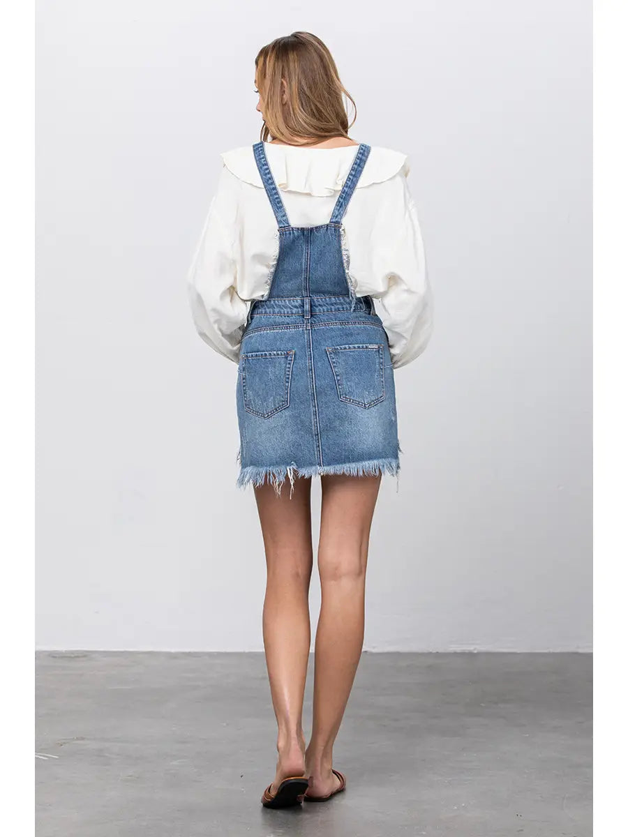 Frayed Hem Distressed Overall Denim Skirt