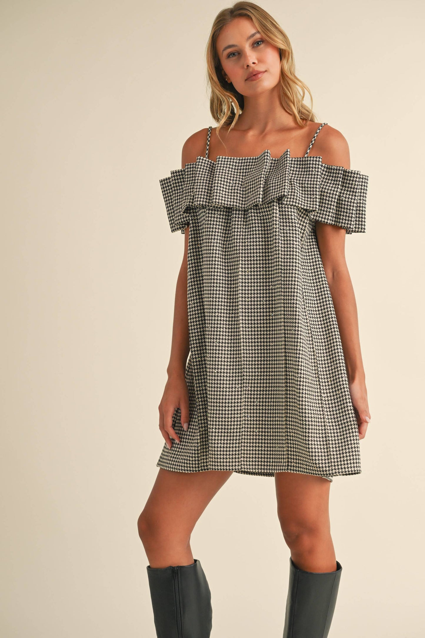 ID8571 SEQUINS HOUNDSTOOTH PLEATED OFF SHOULDER DRESS