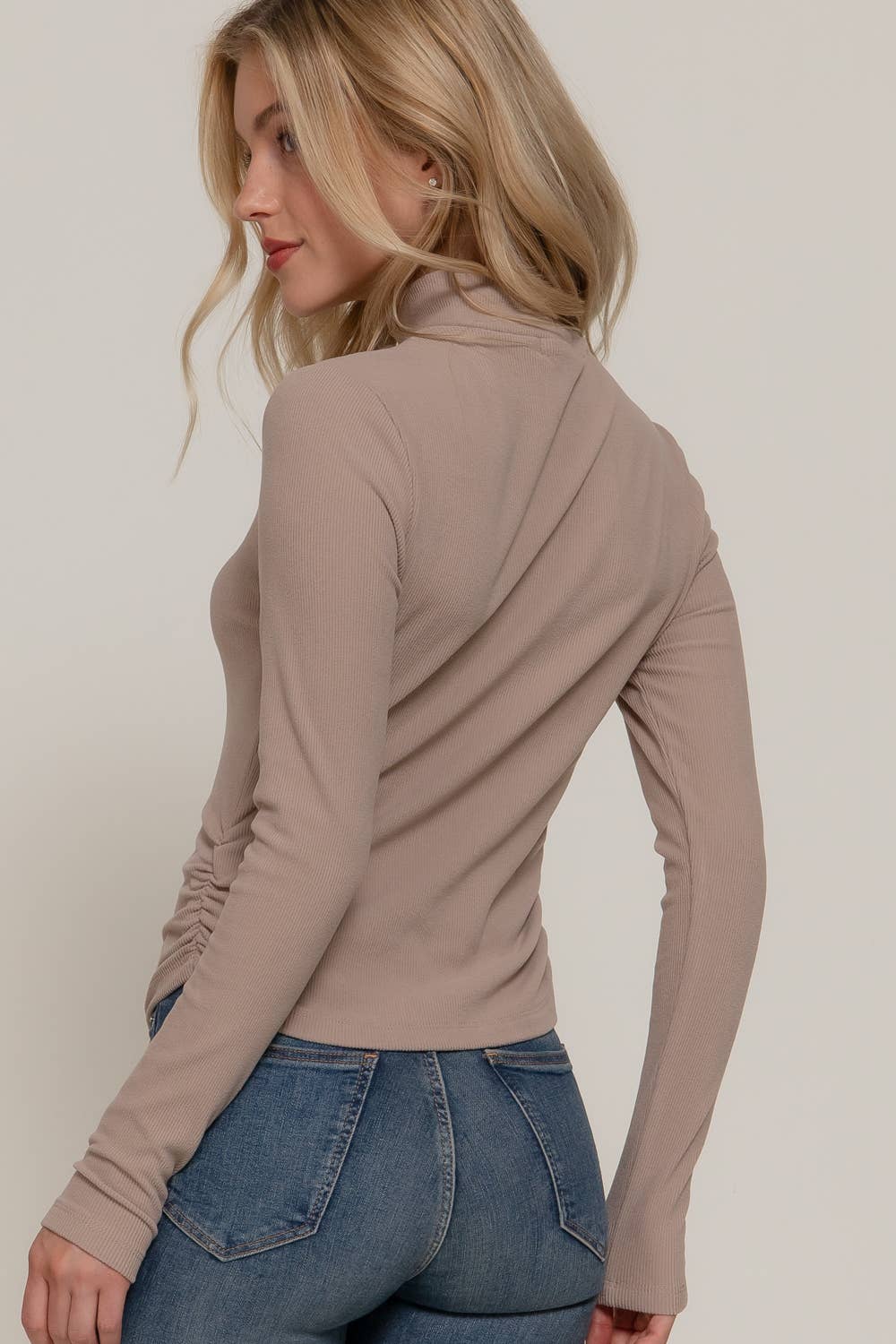 Long Sleeve Turtle Neck Side Detail Brushed Rib Top