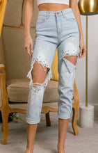 Load image into Gallery viewer, Pearl and Rhinestone Distressed Denim
