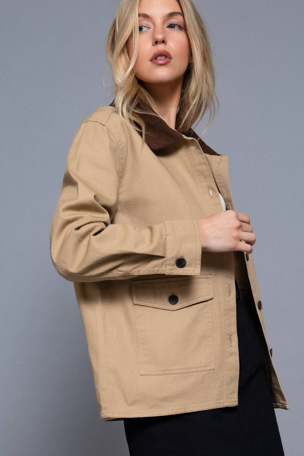 Long Sleeve Corduroy Collar Detail Cotton Twill Work Jacket