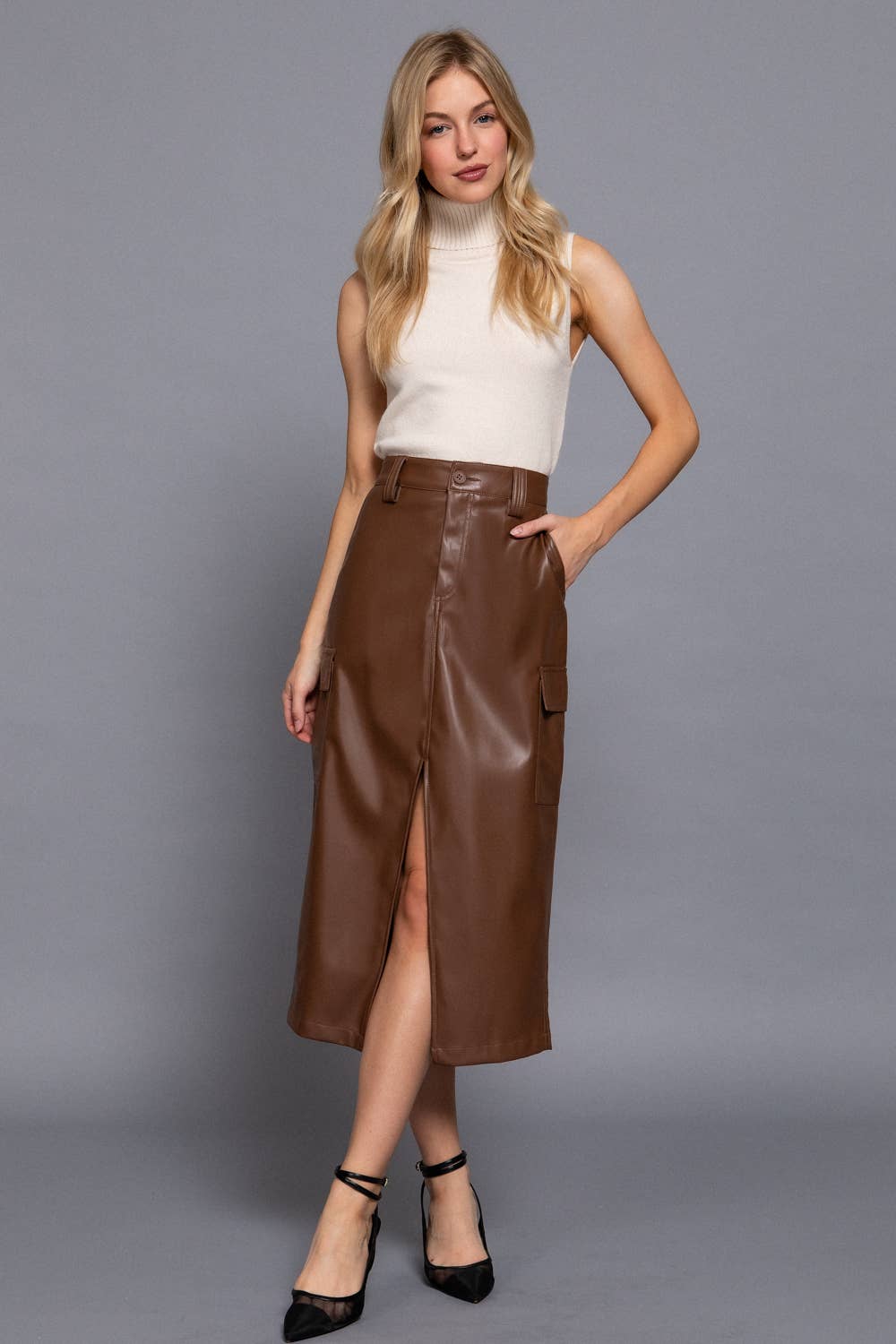 Faux Leather Midi Cargo Skirt