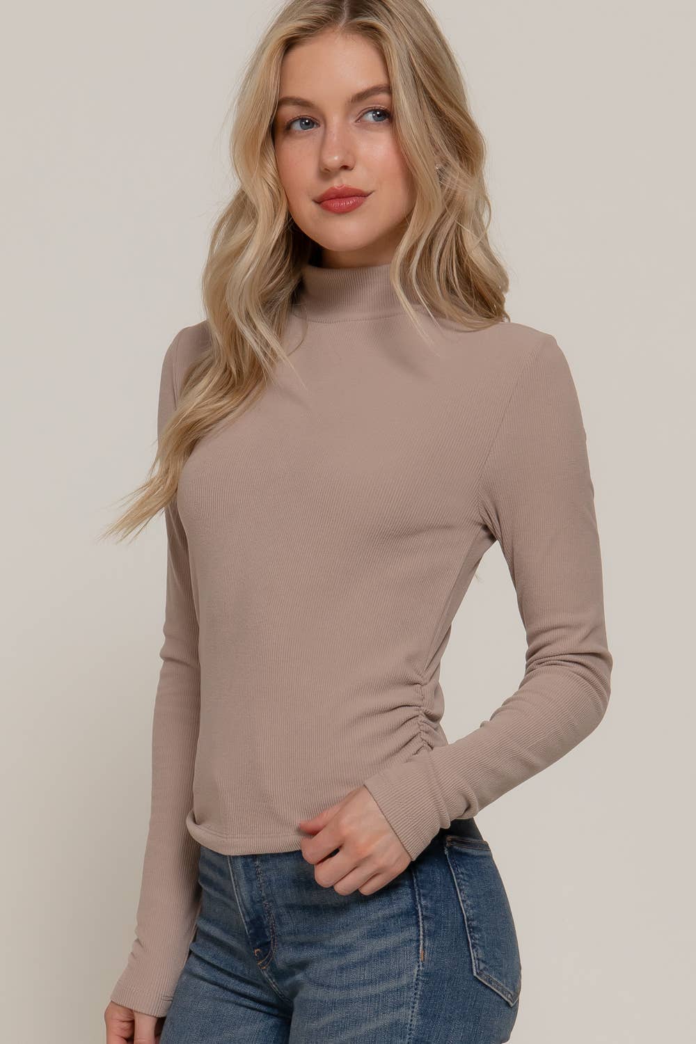 Long Sleeve Turtle Neck Side Detail Brushed Rib Top
