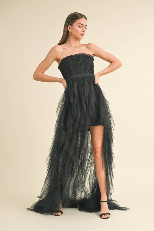 APPLIQUE CASCADE RUFFLED TULLE SKIRT MAXI DRESS