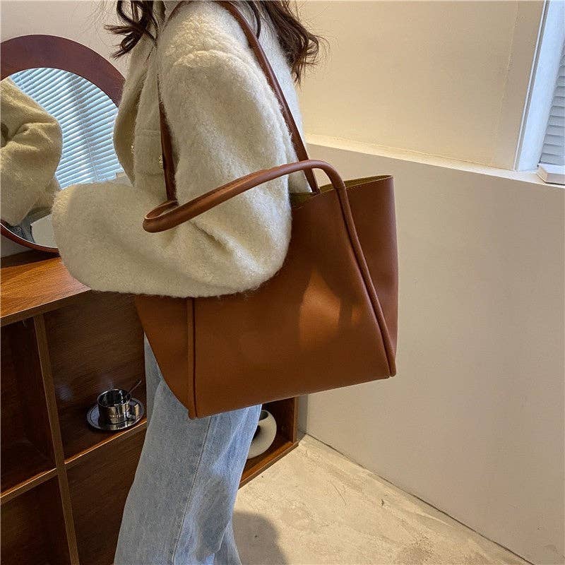 Solid Color Minimalist Handheld Single Shoulder Tote Leather Bag