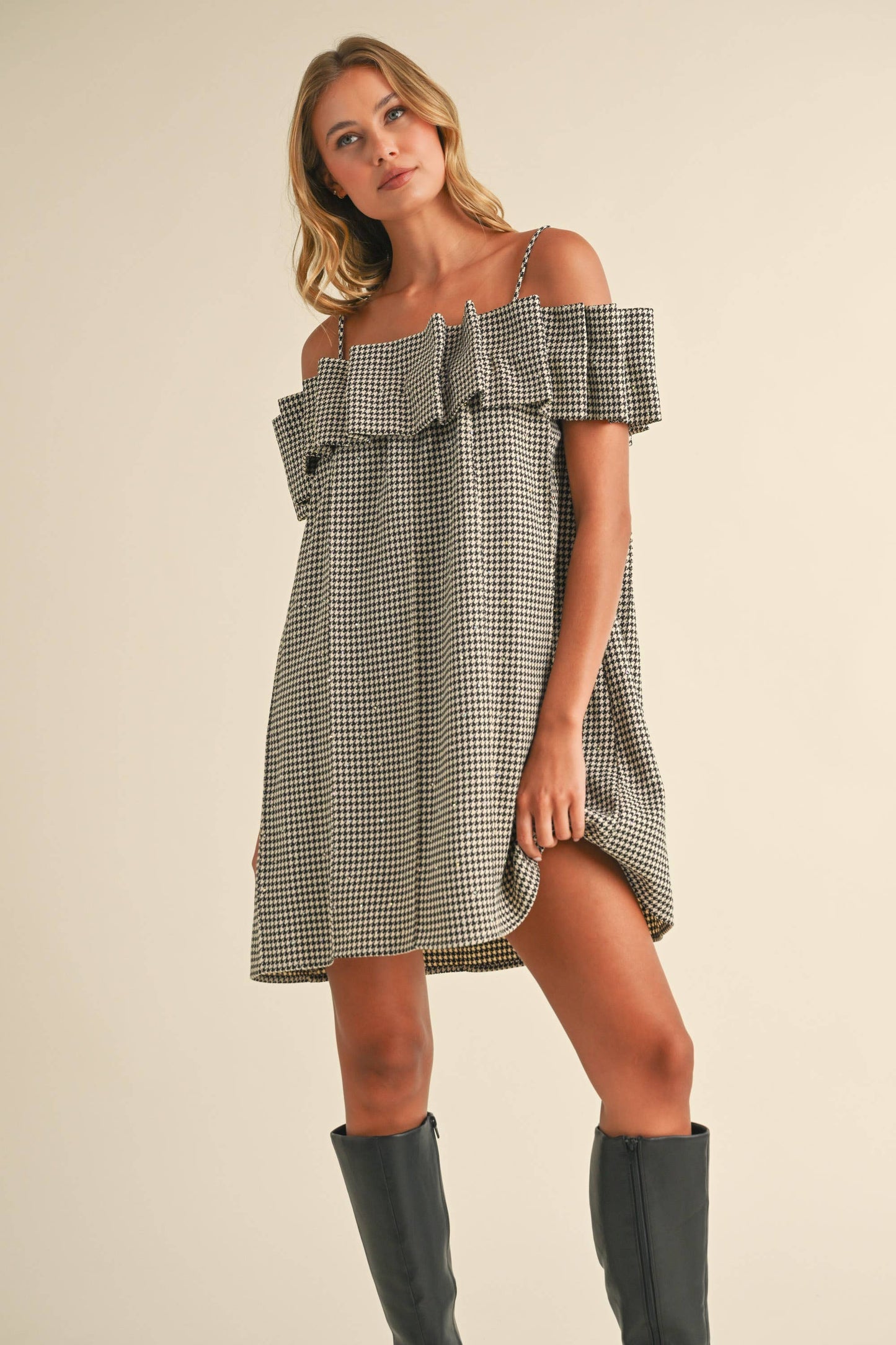 ID8571 SEQUINS HOUNDSTOOTH PLEATED OFF SHOULDER DRESS