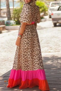 Bright Pink V-neck Leopard Print Colorblock Maxi Dress PREORDER