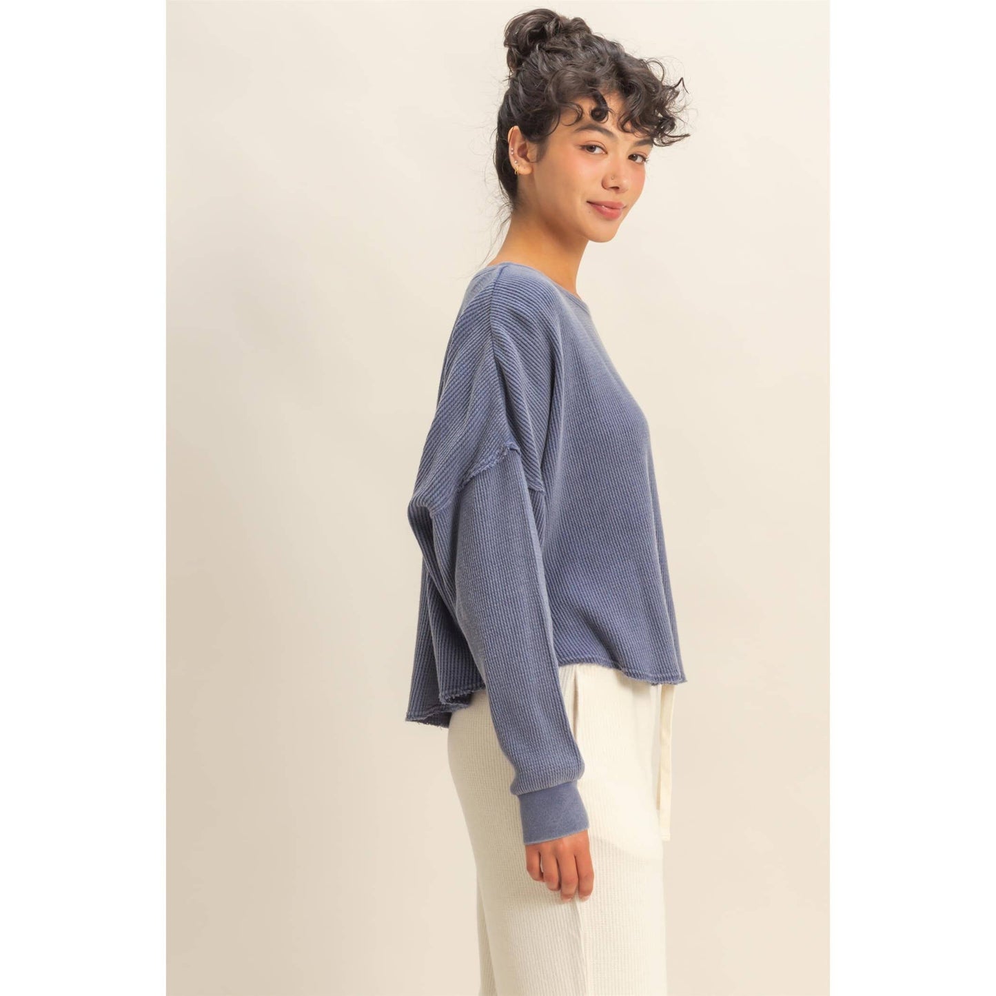 Mineral Wash Dropped Shoulder Waffle Knit Top