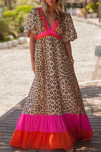 Bright Pink V-neck Leopard Print Colorblock Maxi Dress PREORDER
