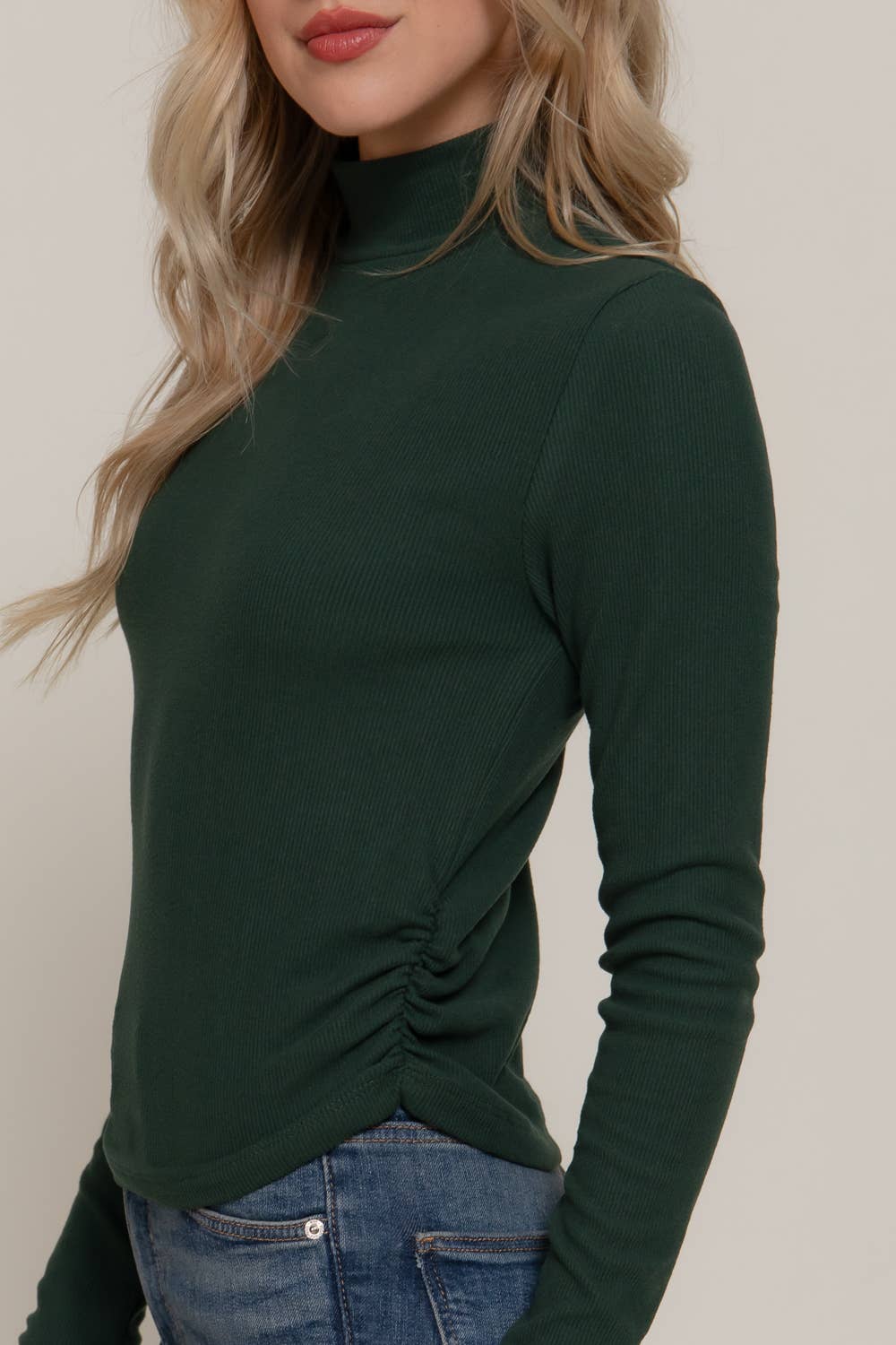 Long Sleeve Turtle Neck Side Detail Brushed Rib Top
