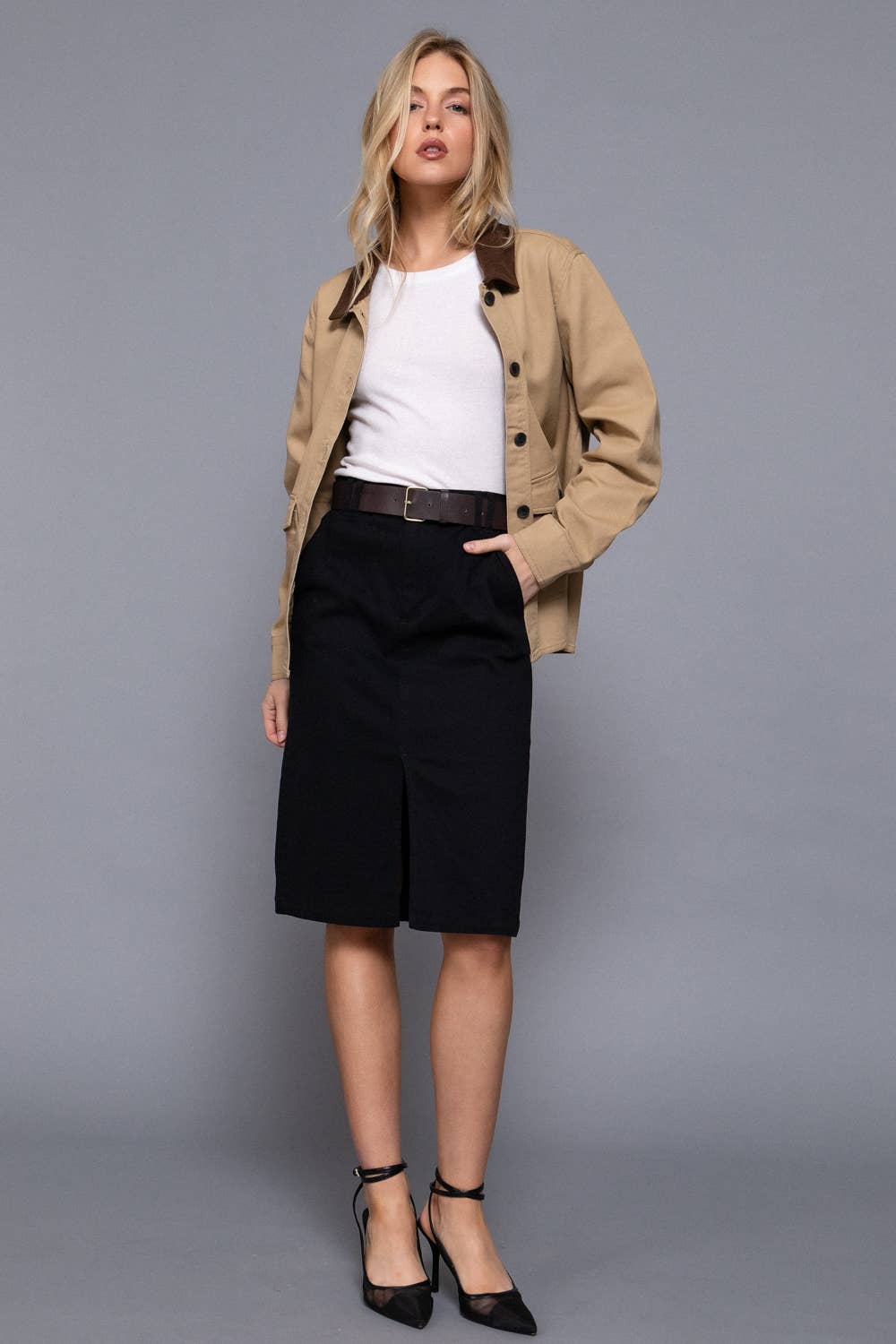 Long Sleeve Corduroy Collar Detail Cotton Twill Work Jacket